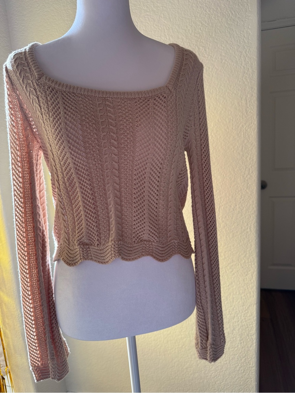 Pink Rose Stylish Openwork Knit Sweater - Tan